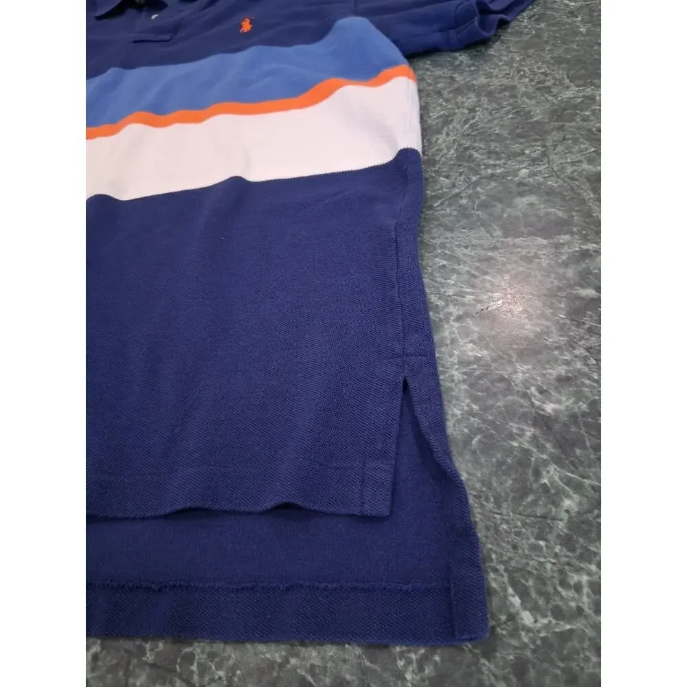 Polo Ralph Lauren Mens L Blue Orange White Colorblock Striped Polo Shirt Pony